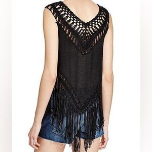 Open Crochet Knit Fringe Tank Top Cover Up Size Small Black Boho Festival Beach